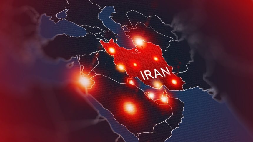 Stylized map of the Middle East with Iran highlighted in red and glowing strike markers across Iran, Iraq, Israel and the Gulf states, illustrating the 2026 Iran war.