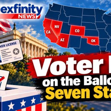 Illustration of a hand holding a driver's license above a ballot box beside the U.S. Capitol, with a U.S. map highlighting California, Nevada, Arizona, Colorado, Oklahoma, Ohio and North Carolina, and the headline Voter ID on the Ballot in Seven States.