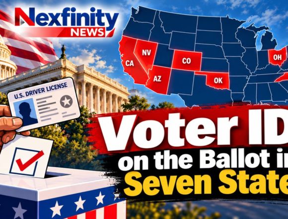 Voter ID on the Ballot in Seven States Illustration of a hand holding a driver's license above a ballot box beside the U.S. Capitol, with a U.S. map highlighting California, Nevada, Arizona, Colorado, Oklahoma, Ohio and North Carolina, and the headline Voter ID on the Ballot in Seven States.