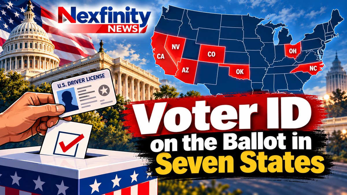 Voter ID on the Ballot in Seven States Illustration of a hand holding a driver's license above a ballot box beside the U.S. Capitol, with a U.S. map highlighting California, Nevada, Arizona, Colorado, Oklahoma, Ohio and North Carolina, and the headline Voter ID on the Ballot in Seven States.